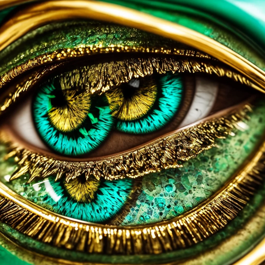 a close up of a green and gold eye with a leaf on it, dragon eye, beautiful eye, golden turquoise steampunk, by Hedi Xandt, eye art, very detailed stunning deep eyes, super detailed eyes, fantastic detailed eyes, beautiful detail and color, glass and gold and jade, eye reflection, one reptilian eye, beautiful and detailed eyes