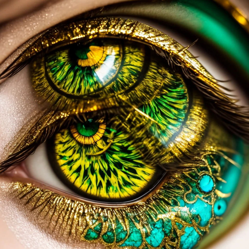 a close up of a green and gold eye with a leaf on it, dragon eye, beautiful eye, golden turquoise steampunk, by Hedi Xandt, eye art, very detailed stunning deep eyes, super detailed eyes, fantastic detailed eyes, beautiful detail and color, glass and gold and jade, eye reflection, one reptilian eye, beautiful and detailed eyes