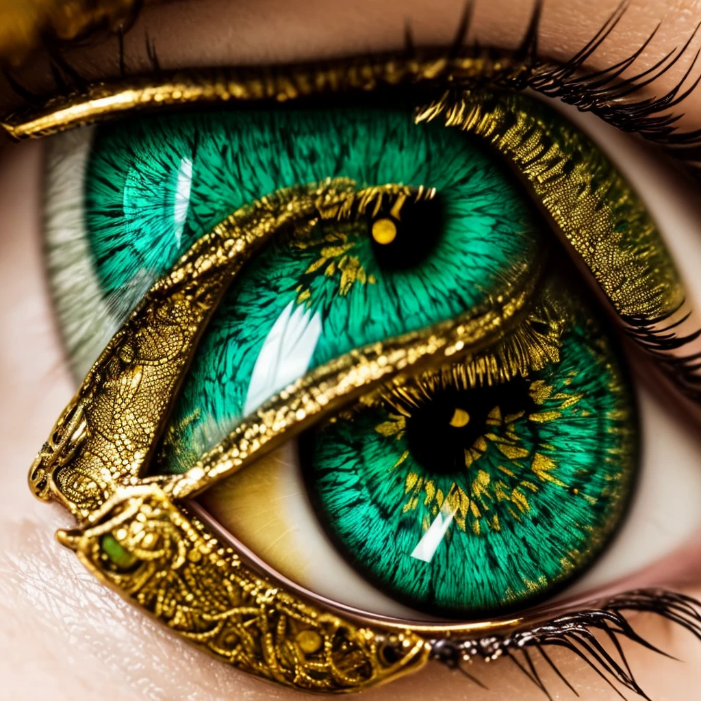 a close up of a green and gold eye with a leaf on it, dragon eye, beautiful eye, golden turquoise steampunk, by Hedi Xandt, eye art, very detailed stunning deep eyes, super detailed eyes, fantastic detailed eyes, beautiful detail and color, glass and gold and jade, eye reflection, one reptilian eye, beautiful and detailed eyes