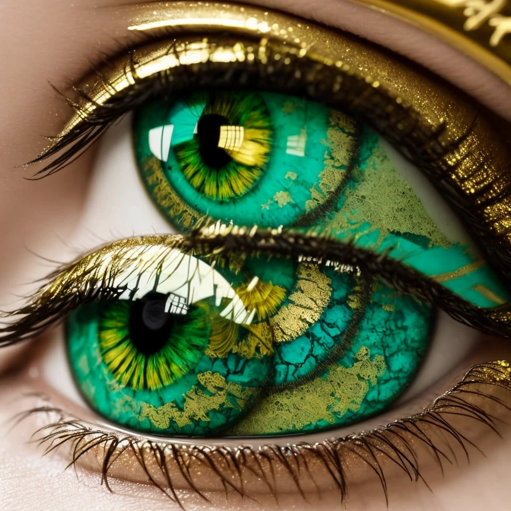 a close up of a green and gold eye with a leaf on it, dragon eye, beautiful eye, golden turquoise steampunk, by Hedi Xandt, eye art, very detailed stunning deep eyes, super detailed eyes, fantastic detailed eyes, beautiful detail and color, glass and gold and jade, eye reflection, one reptilian eye, beautiful and detailed eyes