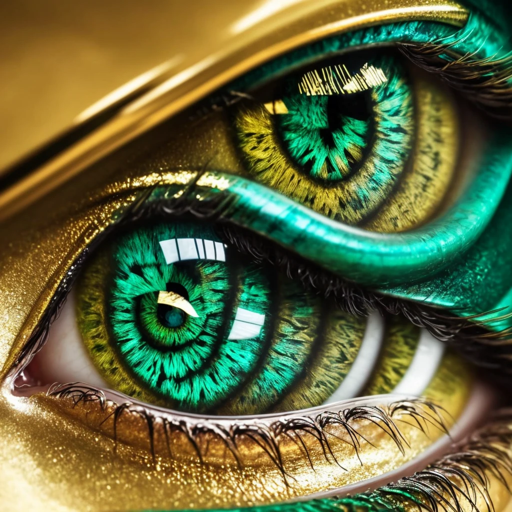 a close up of a green and gold eye with a leaf on it, dragon eye, beautiful eye, golden turquoise steampunk, by Hedi Xandt, eye art, very detailed stunning deep eyes, super detailed eyes, fantastic detailed eyes, beautiful detail and color, glass and gold and jade, eye reflection, one reptilian eye, beautiful and detailed eyes