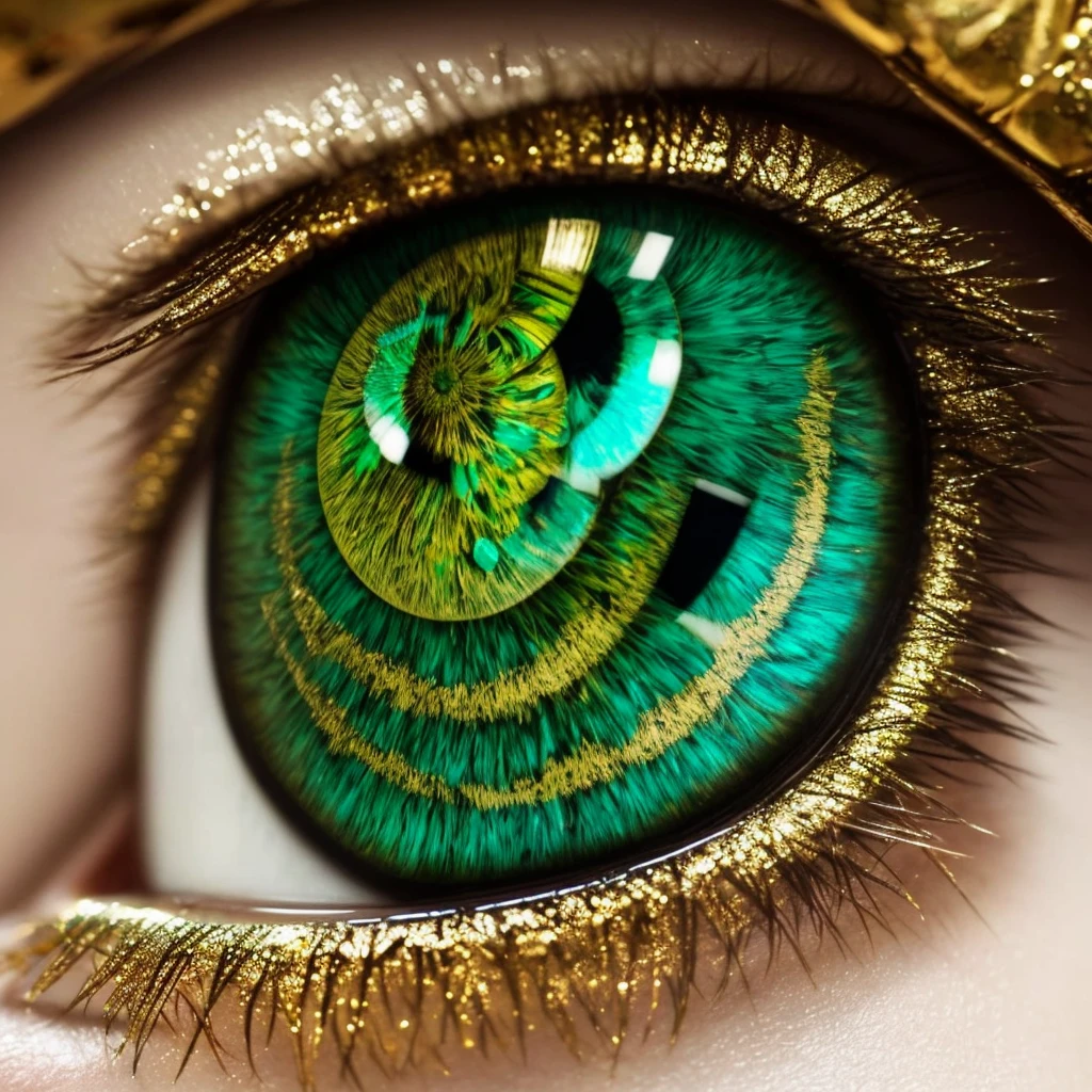 a close up of a green and gold eye with a leaf on it, dragon eye, beautiful eye, golden turquoise steampunk, by Hedi Xandt, eye art, very detailed stunning deep eyes, super detailed eyes, fantastic detailed eyes, beautiful detail and color, glass and gold and jade, eye reflection, one reptilian eye, beautiful and detailed eyes