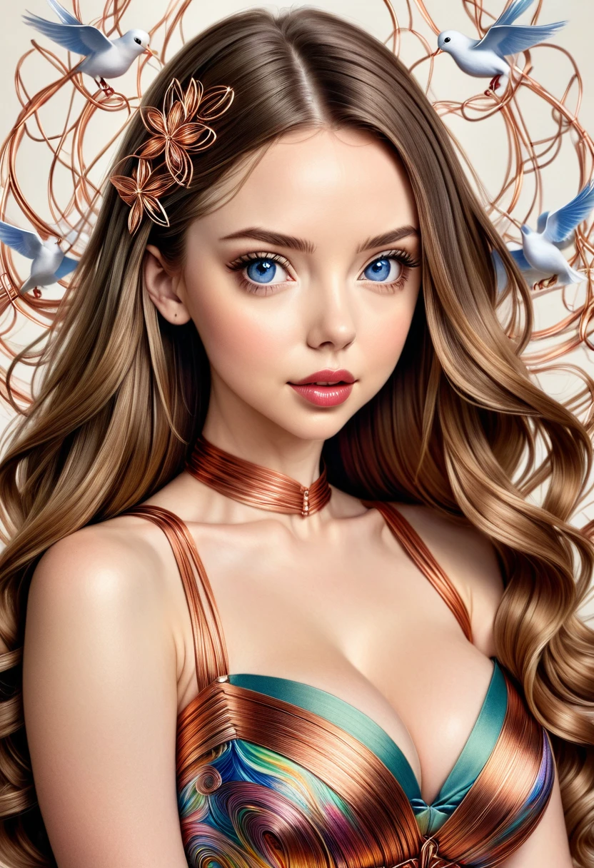  A COLORED PENCIL SKETCH 0F A beautiful women with copper wires for hair. Wearing a dress made of copper wires.This stunning beauty is a merge of Alison Brie, Scarlett Johansson, and Dove Cameron, with a symmetrical face 
