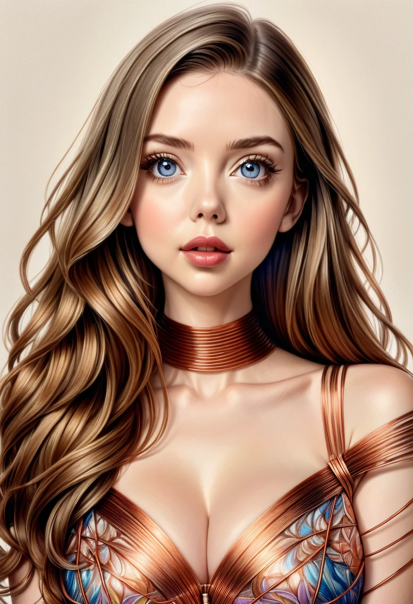 A COLORED PENCIL SKETCH 0F A beautiful women with copper wires for hair. Wearing a dress made of copper wires.This stunning beauty is a merge of Alison Brie, Scarlett Johansson, and Dove Cameron, with a symmetrical face