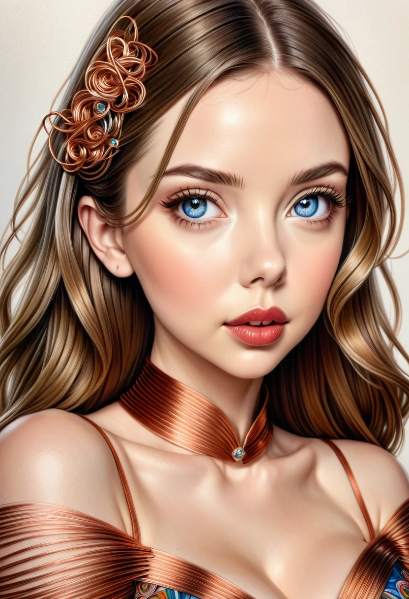  A COLORED PENCIL SKETCH 0F A beautiful women with copper wires for hair. Wearing a dress made of copper wires.This stunning beauty is a merge of Alison Brie, Scarlett Johansson, and Dove Cameron, with a symmetrical face 
