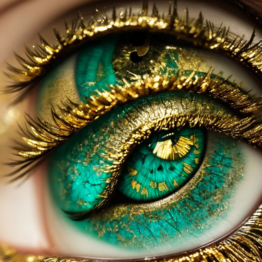 a close up of a green and gold eye with a leaf on it, dragon eye, beautiful eye, golden turquoise steampunk, by Hedi Xandt, eye art, very detailed stunning deep eyes, super detailed eyes, fantastic detailed eyes, beautiful detail and color, glass and gold and jade, eye reflection, one reptilian eye, beautiful and detailed eyes