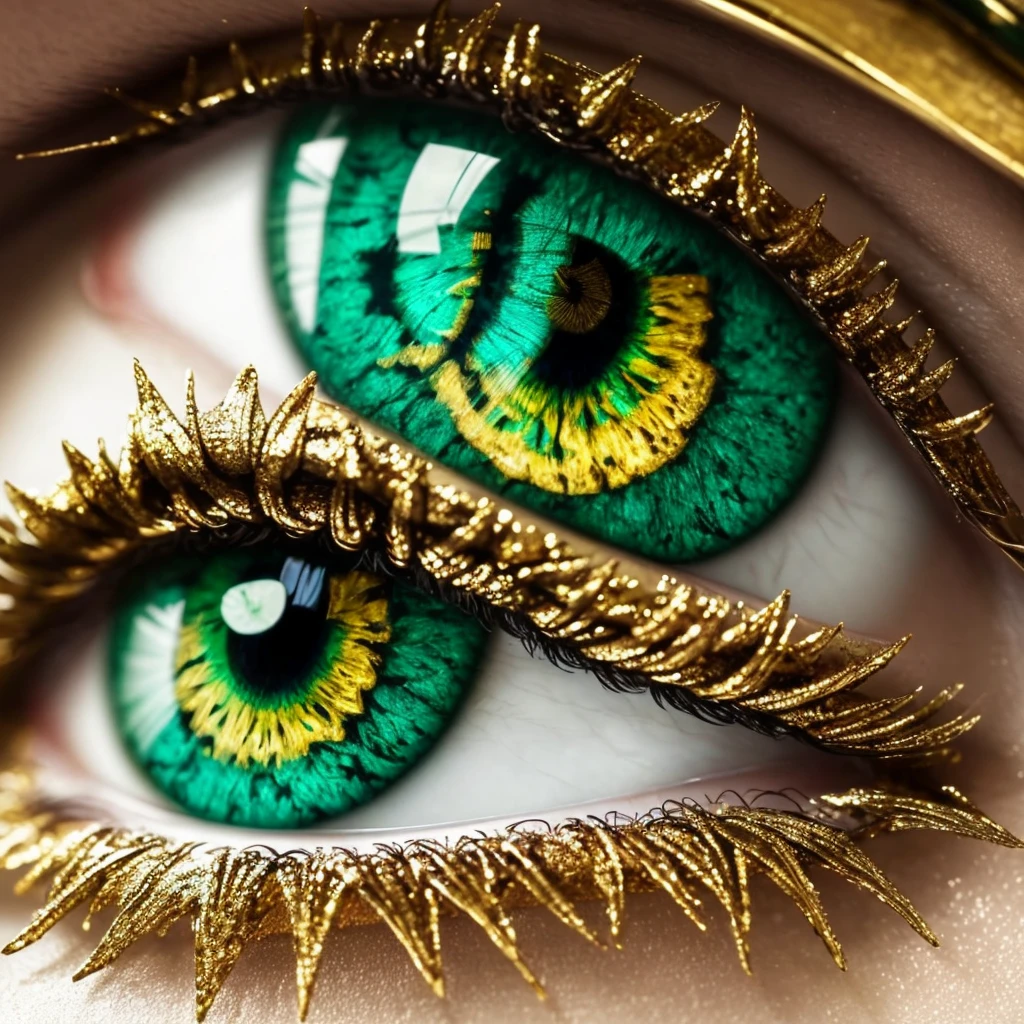 a close up of a green and gold eye with a leaf on it, dragon eye, beautiful eye, golden turquoise steampunk, by Hedi Xandt, eye art, very detailed stunning deep eyes, super detailed eyes, fantastic detailed eyes, beautiful detail and color, glass and gold and jade, eye reflection, one reptilian eye, beautiful and detailed eyes