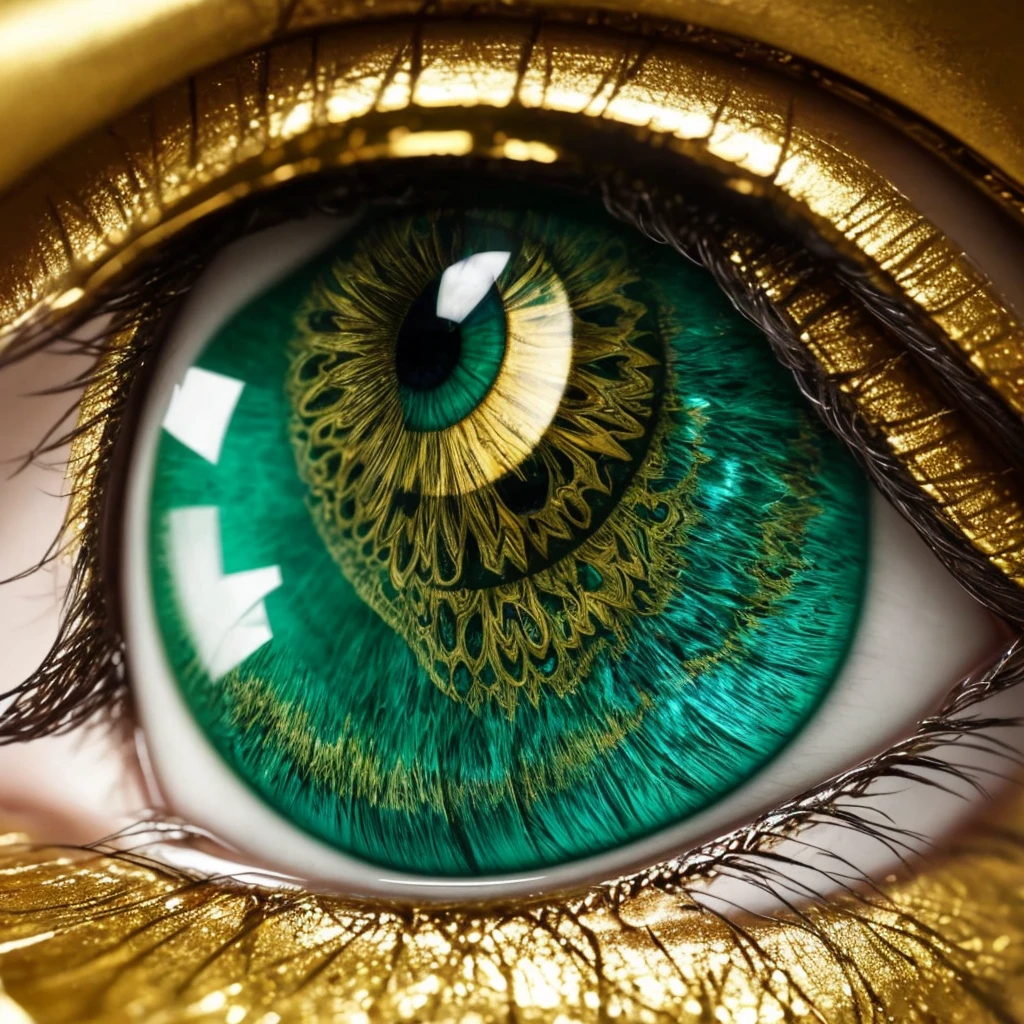 a close up of a green and gold eye with a leaf on it, dragon eye, beautiful eye, golden turquoise steampunk, by Hedi Xandt, eye art, very detailed stunning deep eyes, super detailed eyes, fantastic detailed eyes, beautiful detail and color, glass and gold and jade, eye reflection, one reptilian eye, beautiful and detailed eyes