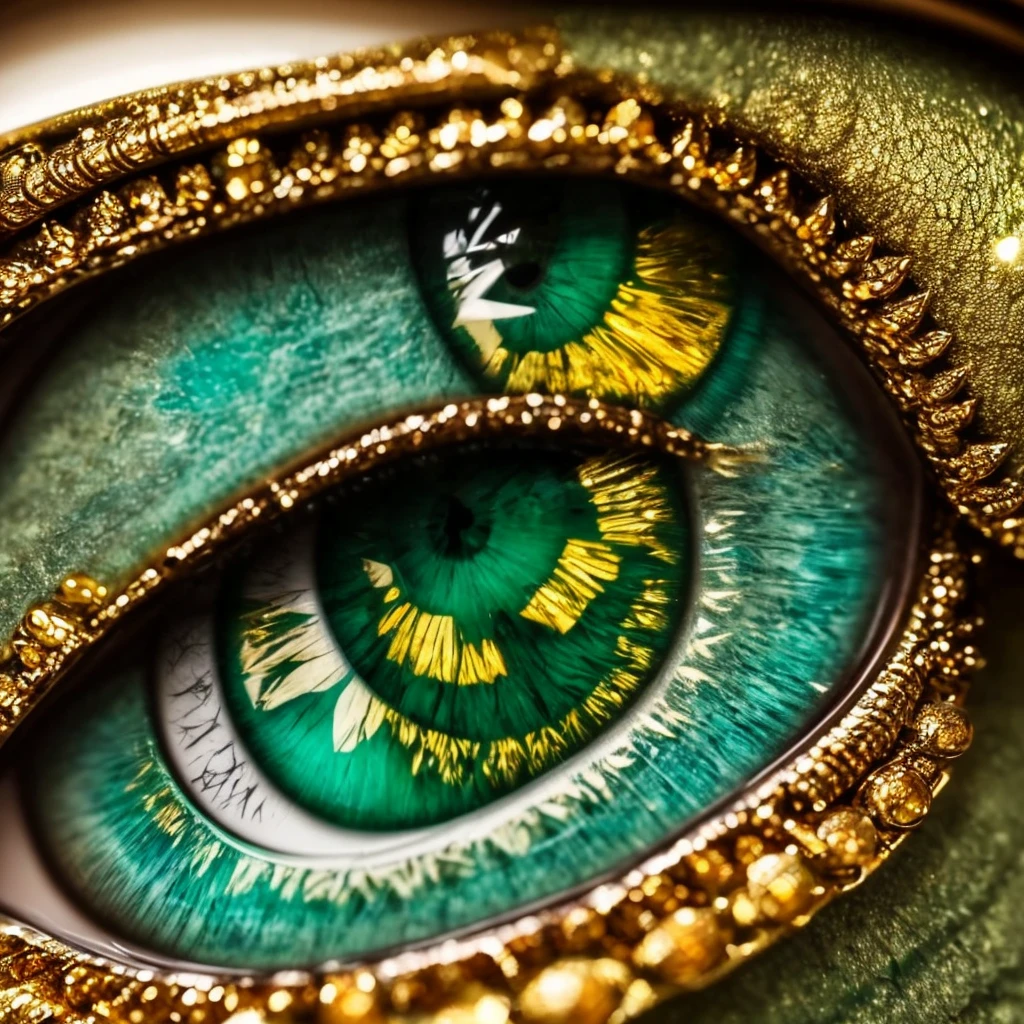 a close up of a green and gold eye with a leaf on it, dragon eye, beautiful eye, golden turquoise steampunk, by Hedi Xandt, eye art, very detailed stunning deep eyes, super detailed eyes, fantastic detailed eyes, beautiful detail and color, glass and gold and jade, eye reflection, one reptilian eye, beautiful and detailed eyes