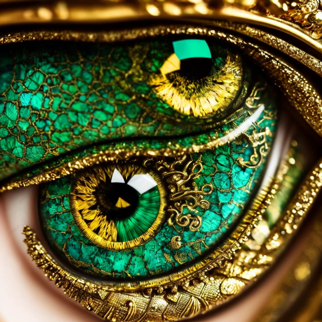 a close up of a green and gold eye with a leaf on it, dragon eye, beautiful eye, golden turquoise steampunk, by Hedi Xandt, eye art, very detailed stunning deep eyes, super detailed eyes, fantastic detailed eyes, beautiful detail and color, glass and gold and jade, eye reflection, one reptilian eye, beautiful and detailed eyes