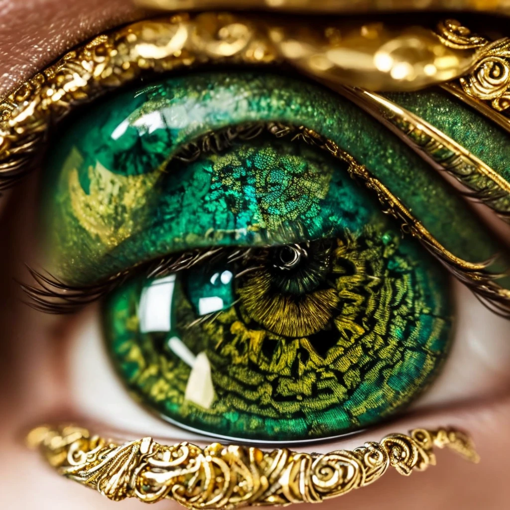 a close up of a green and gold eye with a leaf on it, dragon eye, beautiful eye, golden turquoise steampunk, by Hedi Xandt, eye art, very detailed stunning deep eyes, super detailed eyes, fantastic detailed eyes, beautiful detail and color, glass and gold and jade, eye reflection, one reptilian eye, beautiful and detailed eyes
