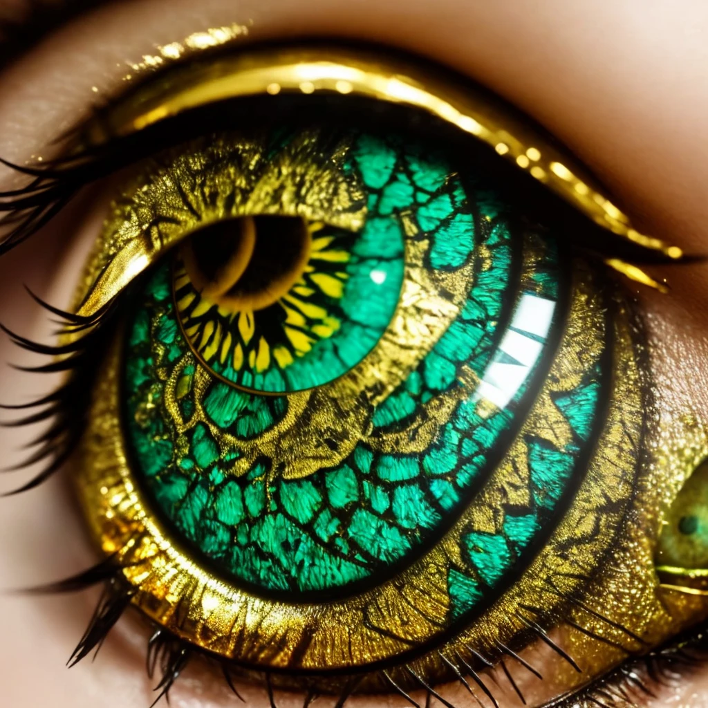 a close up of a green and gold eye with a leaf on it, dragon eye, beautiful eye, golden turquoise steampunk, by Hedi Xandt, eye art, very detailed stunning deep eyes, super detailed eyes, fantastic detailed eyes, beautiful detail and color, glass and gold and jade, eye reflection, one reptilian eye, beautiful and detailed eyes