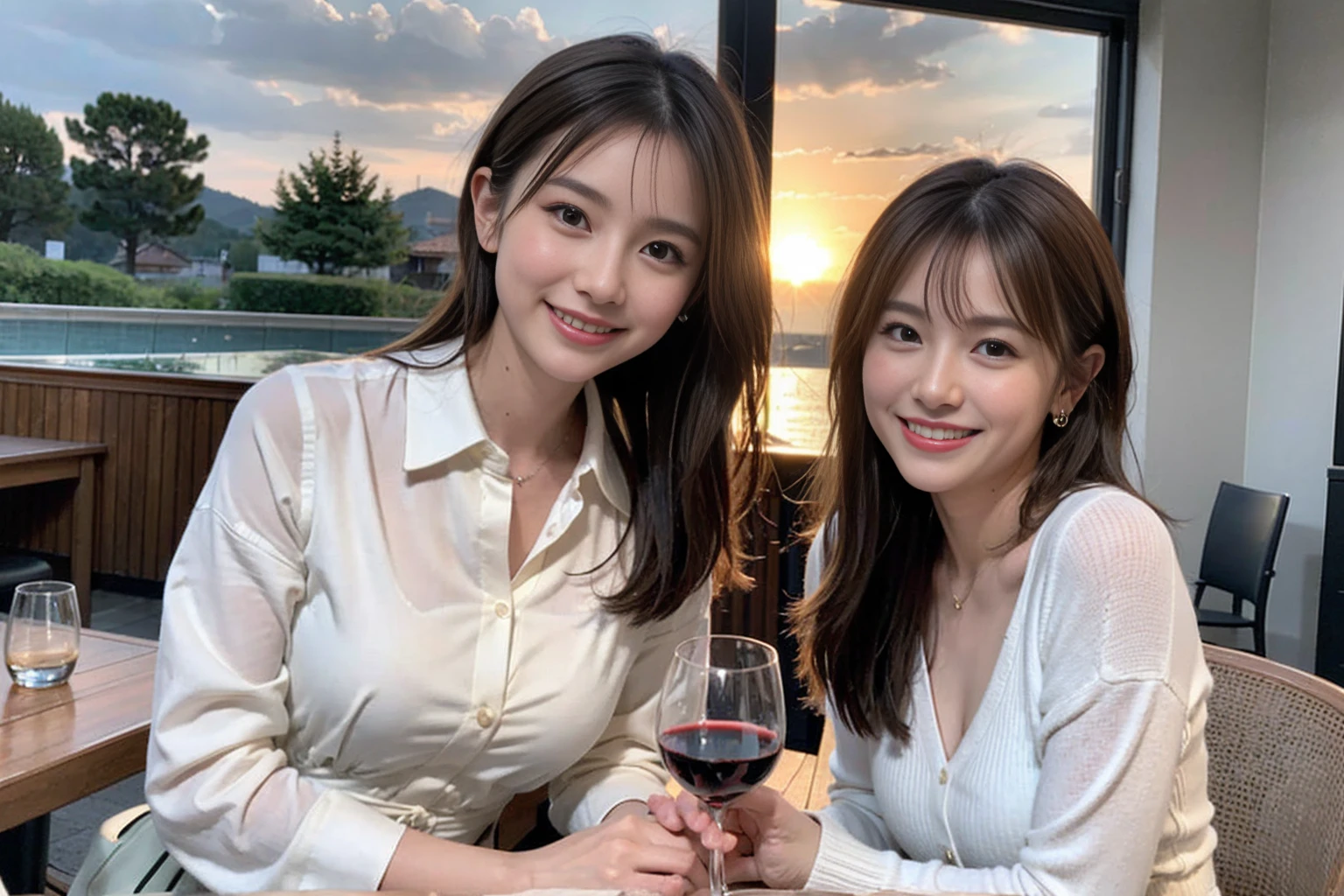 （Realistic:1.1）,(masterpiece,Highest quality)，8k,(44 years old), 42 years old, slimカップル、Model Couple、actress/actor、Tight waist,Upper Body,full-course dinner、wine 、Amazing view of the sunset sky and clouds、Perfect Anatomy, Brown Hair, short hair,Random Hairstyles,((Highly detailed face and eyes:1.2))(cute顔:1.4)，美しいactressの顔，Perfect golden ratio face，Long sleeve shirt、dress,(smile:1.2)、Shortcuts、cute、(Realistic, Intricate details:1.2), A bright smile、short hair,Bright Face、赤wine 、Appetizers、Italian food、wine bottle、Champagne、スパークリングwine、(slimな顔), (The body is slim), (Brown Hair), (Shortcuts),  Upper Body, 白wine, slim, wineグラス, 