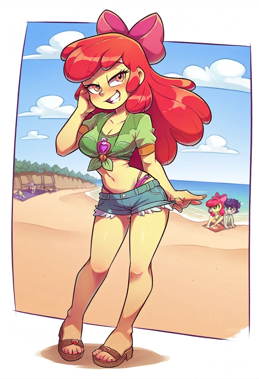 Apple Bloom, solo girl, naughty face, blushing, smiling, wearing bikini, big breasts, sexy body, Apple Bloom Equestria girls, full body, Standing, at the beach, Apple Bloom, cuerpo completo, High resolusion.