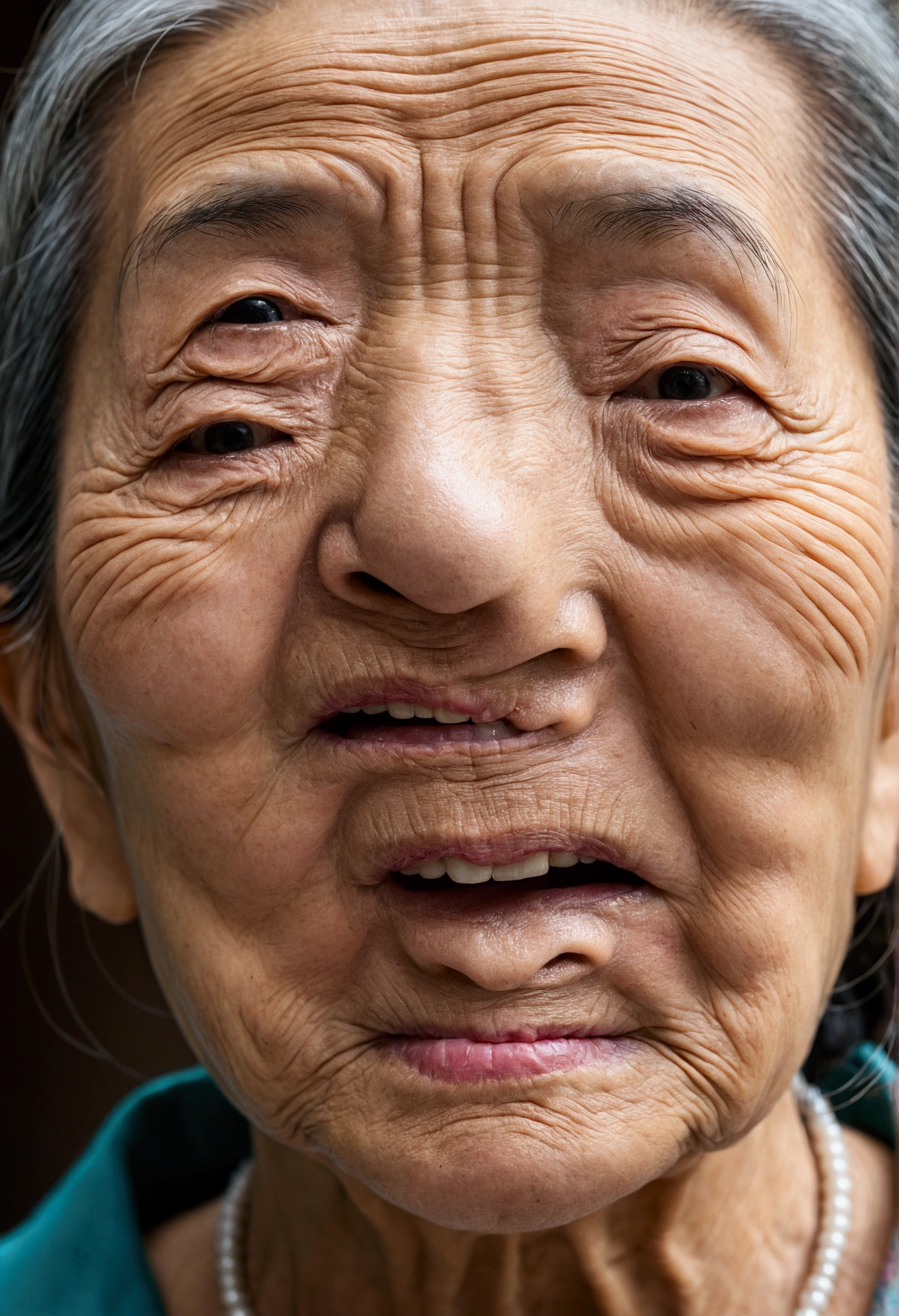 An elderly woman with black hair is looking at the camera, Wrinkled face, Asian Face, Emotional facial shot, Big wrinkled cheeks, The old lady opened her mouth, Close-up of face, Close-up of face镜头, Chinese facial features, Chinese woman, Asian woman, an Asian woman, Human excrement flows out of the mouth,Close-up of face, Close-up of face