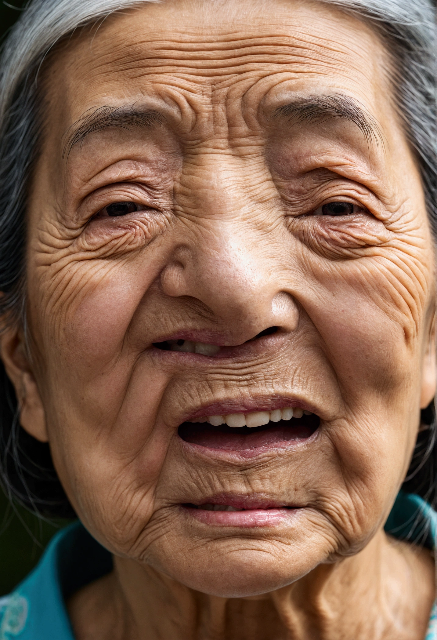 An elderly woman with black hair is looking at the camera, Wrinkled face, Asian Face, Emotional facial shot, Big wrinkled cheeks, The old lady opened her mouth, Close-up of face, Close-up of face镜头, Chinese facial features, Chinese woman, Asian woman, an Asian woman, Human excrement flows out of the mouth,Close-up of face, Close-up of face