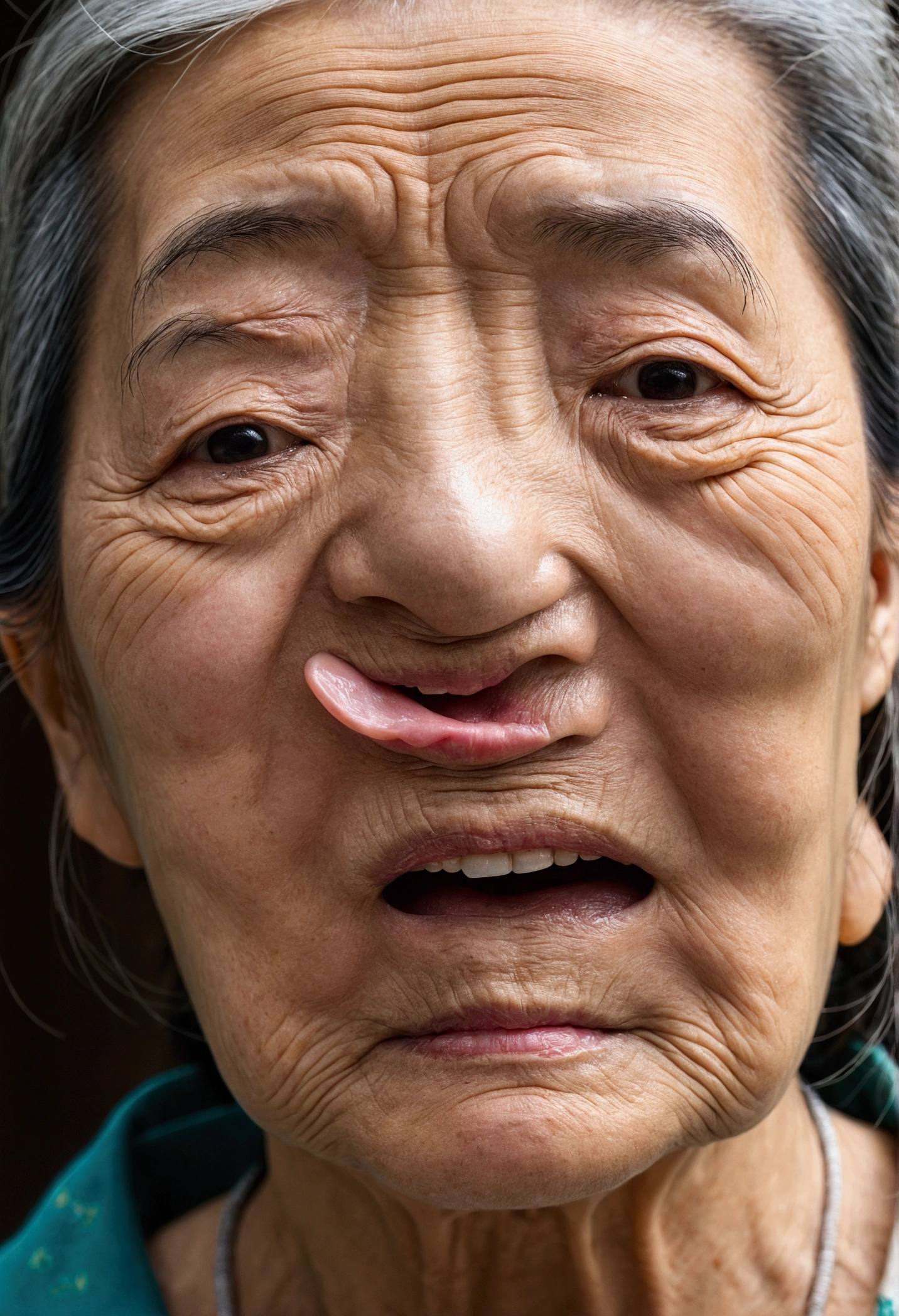 An elderly woman with black hair is looking at the camera, Wrinkled face, Asian Face, Emotional facial shot, Big wrinkled cheeks, The old lady opened her mouth, Close-up of face, Close-up of face镜头, Chinese facial features, Chinese woman, Asian woman, an Asian woman, Human excrement flows out of the mouth,Close-up of face, Close-up of face