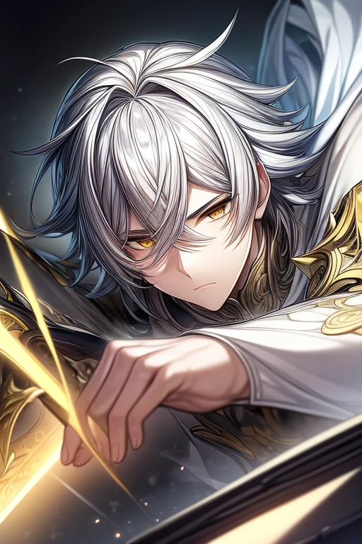 (masterpiece, best quality, perfect face, expressive eyes), 1boy, (anime), (adult), (male), silver hair, yellow eyes, white paladin armor, golden accents, white cape, intricate details, 