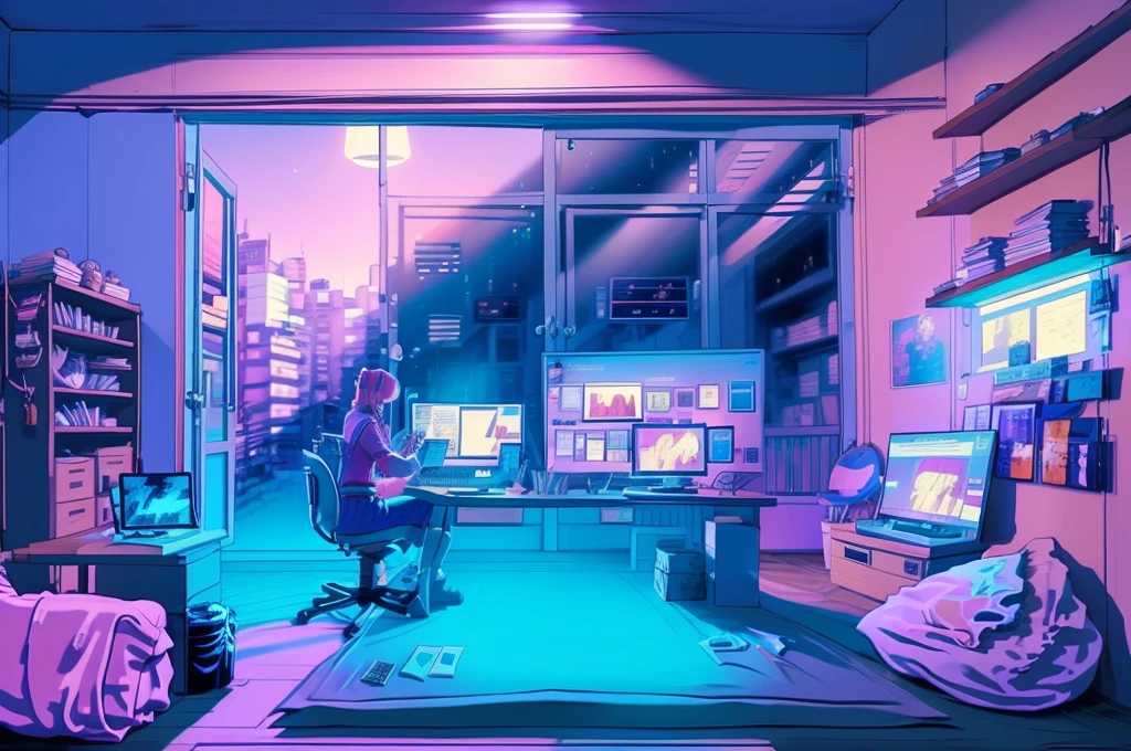 Girl is a trader, Pink Theme, Style Anime, computer, living room, in the computer screen is chart stock night light , (Very detailed:1.2), (Warm Light:1.2), masterpiece, Surreal,32K, Very detailedCG Unity 8K壁紙, Highest quality (masterpiece,Highest quality:1.5)