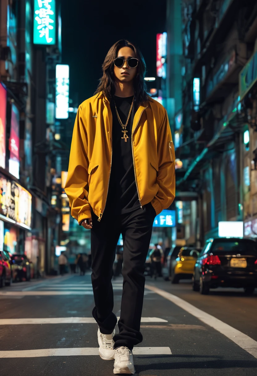 anime character , young man, with rapper flow, with jacket, sunglasses, and long hair walking alone in the dimly lit city