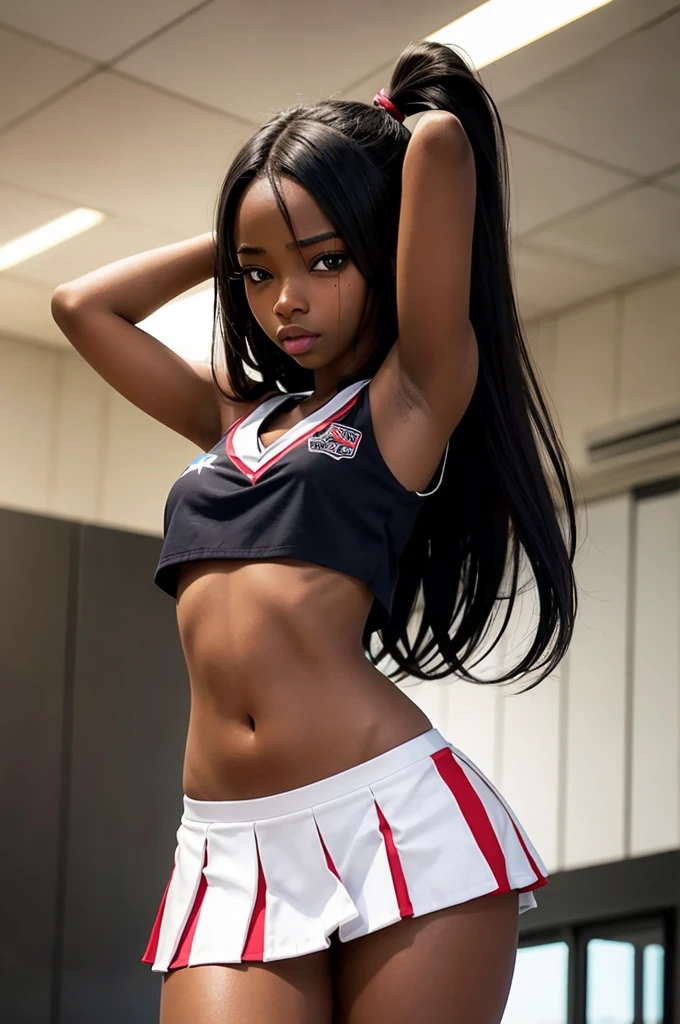 1 hot girl, dark skin, black eyes, ahegao, african, long hair, school girl, , small breasts, navel, exposing clothes, cheerleader, hand behind head, tight body, big lips