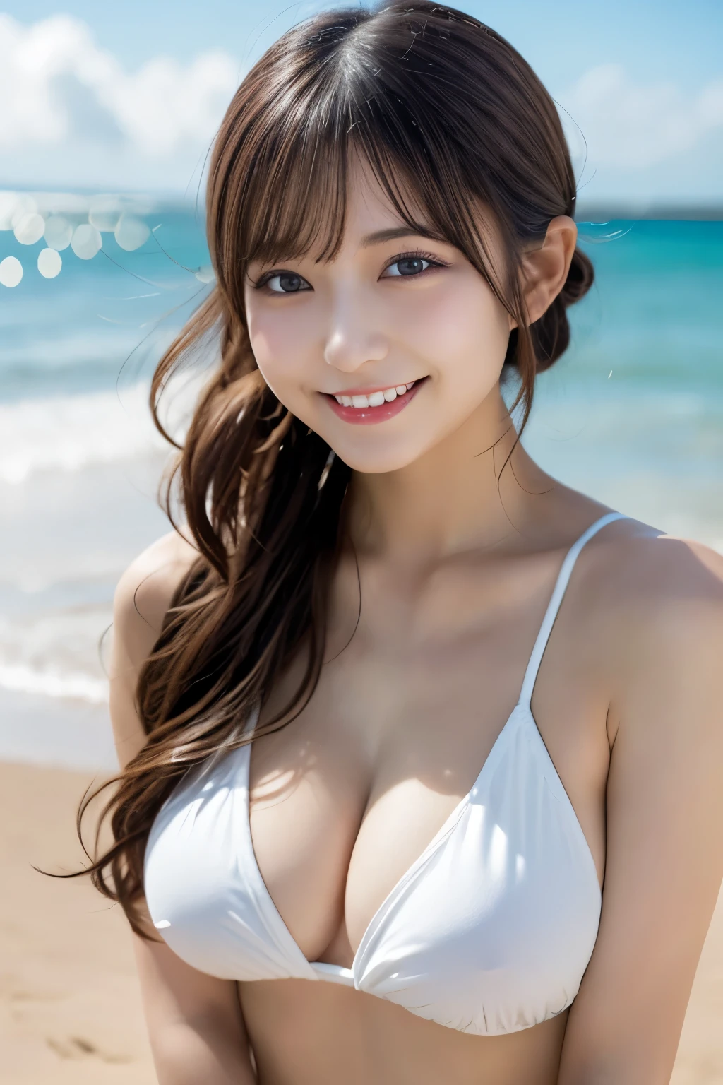 Tabletop, Highest quality, figure, Very detailed, In detail, High resolution, 8k wallpaper, Perfect dynamic composition, Beautiful attention to detail, maikurobiki, Random cute hairstyles, Big ample breasts, Natural color lip,Beach, Random and cute poses,Big smile