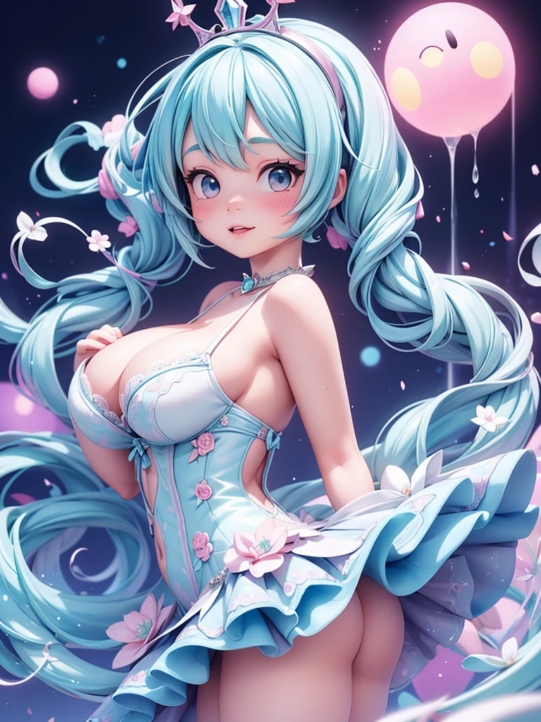 (masterpiece、Highest quality、Official Art、beautiful:1.2、8k resolution)、(One Girl:1.3)、hatsune miku、Twin tails,Big Breasts、F cup breasts,Chubby Beautiful Girl, White ball gown, Vibrant pastel colors, (colorful), long flowing liquid pink hair, Magic lights, sparkling magic liquid, inspired Glen Keane, inspired By Lois Van Baarle, Disney Art Style, By Lois Van Baarle, An aura that glows around her, Glen Keane, Shining halo、Digital Painting, Flowing shiny hair, Shiny, Flowing Hair, beautifulデジタルイラスト, Fantasy Background, Whimsical Fantasy Background, Detailed patterned lingerie, Highly detailed lingerie, Emphasize cleavage、Sharp focus, Sparkling eyes, Liquid watercolor background、Chubby body type、Thick thighs、Large Breasts、Big Ass、Big Ass、Wearing a shiny silver tiara、