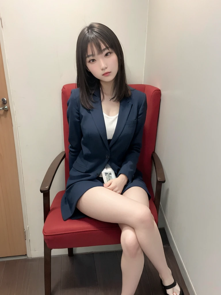 woman,Japanese Face,complete.Large Breasts,woman器,pubic hair,Sitting in a chair,Cross your legs,An empty white room