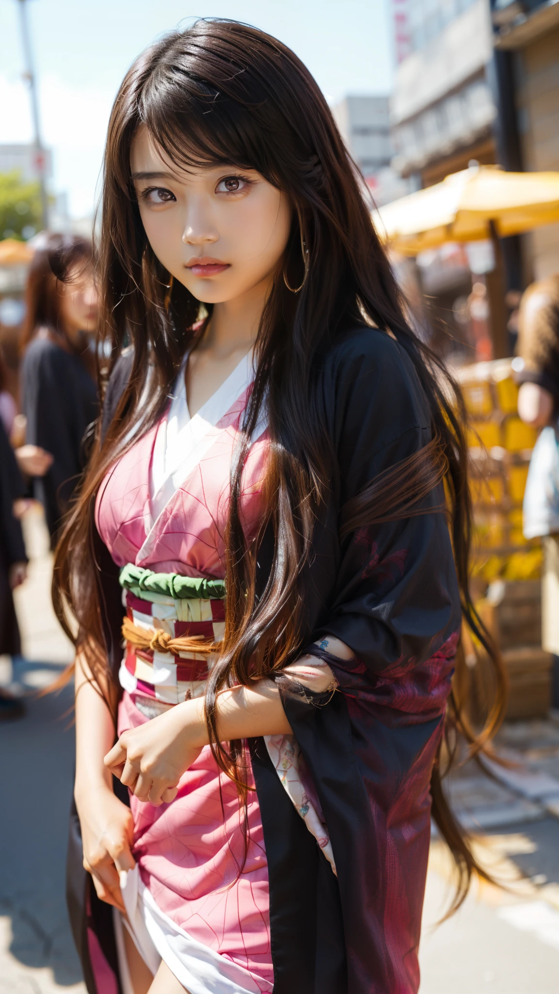 Cute Japanese woman, (), (Very cute face: 1.3), White moist skin, Looking at the camera, Melancholy expression,
BREAK,
Idol,
BREAK,
(Wearing cute kimono: 1.3), (Highly revealing kimono), Very large earrings, Short length,
BREAK,
(Fighting pose: 1.3),
BREAK,
(Long hair), (Pink hair: 1.2), (Wavy hair), (Gradient hair: 1.3), (Red hair at the ends),
BREAK,
(Realistic: 1.3), Masterpiece, Perfect lighting, (Ultra-high resolution), (8K), (Very detailed: 1.4), (From the front), (Full body: 1.4), (Symmetrical: 1.2),
BREAK,
(Shibuya city in Japan: 1.2),
BREAK,
(Demon Slayer: 1.4),
BREAK,
(Kasumi Arimura: 1.4),