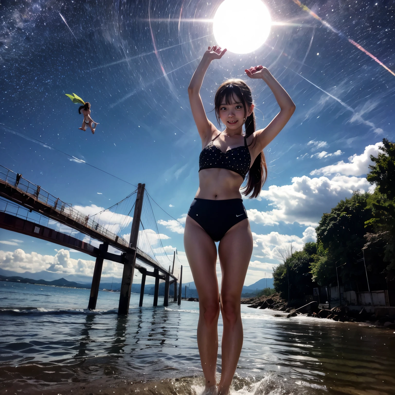 Masterpiece of ProfessionalPhoto ((ExtremelyDetailed (12 PICHIPICHI KAWAII Girls Floating in The Air in a row:1.37) in WHITE at Dusk Enoshima Beach)), {(Standing Full Body:1.2)|(from below:1.2)|Detailed KAWAII face}, Different types of hair colors, {(skinny(school swimwear))|(SchoolUniform)with Tiny AthleticShorts}, {(Corrected Childish hand)|Hidden hand|Different types of breasts|(Clearly Visible the shape of Butt)}, Joyful Expressions LifeLike Rendering, Detailed clothing texture, PerfectLighting, (Dazzling Horizon Visible through ThighGap), (Starry IridescentParticles:1.22) ColorfulClouds