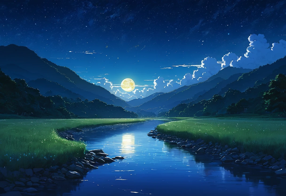 A painting of a river, stars and the moon in the sky, In bright colors, by makoto shinkai. Concept art inspired by Mitsuoki Tosa, pixiv Contest Winner, Highest quality, Golden Moon, No humans, Starry Sky, scenery, cloud, Shine, the scenery of night landscapes, Mountain, Rivers. Bright Moon, Starry Sky environment under the moonlight, A dreamlike night,Real, Background artwork, Dream-like reality, Atmospheric reality, Starry Sky, Detail enhancements.delicate,8k