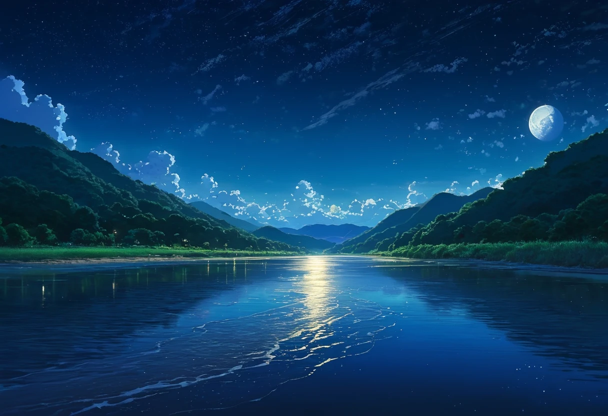 A painting of a river, stars and the moon in the sky, In bright colors, by makoto shinkai. Concept art inspired by Mitsuoki Tosa, pixiv Contest Winner, Highest quality, Golden Moon, No humans, Starry Sky, scenery, cloud, Shine, the scenery of night landscapes, Mountain, Rivers. Bright Moon, Starry Sky environment under the moonlight, A dreamlike night,Real, Background artwork, Dream-like reality, Atmospheric reality, Starry Sky, Detail enhancements.delicate,8k