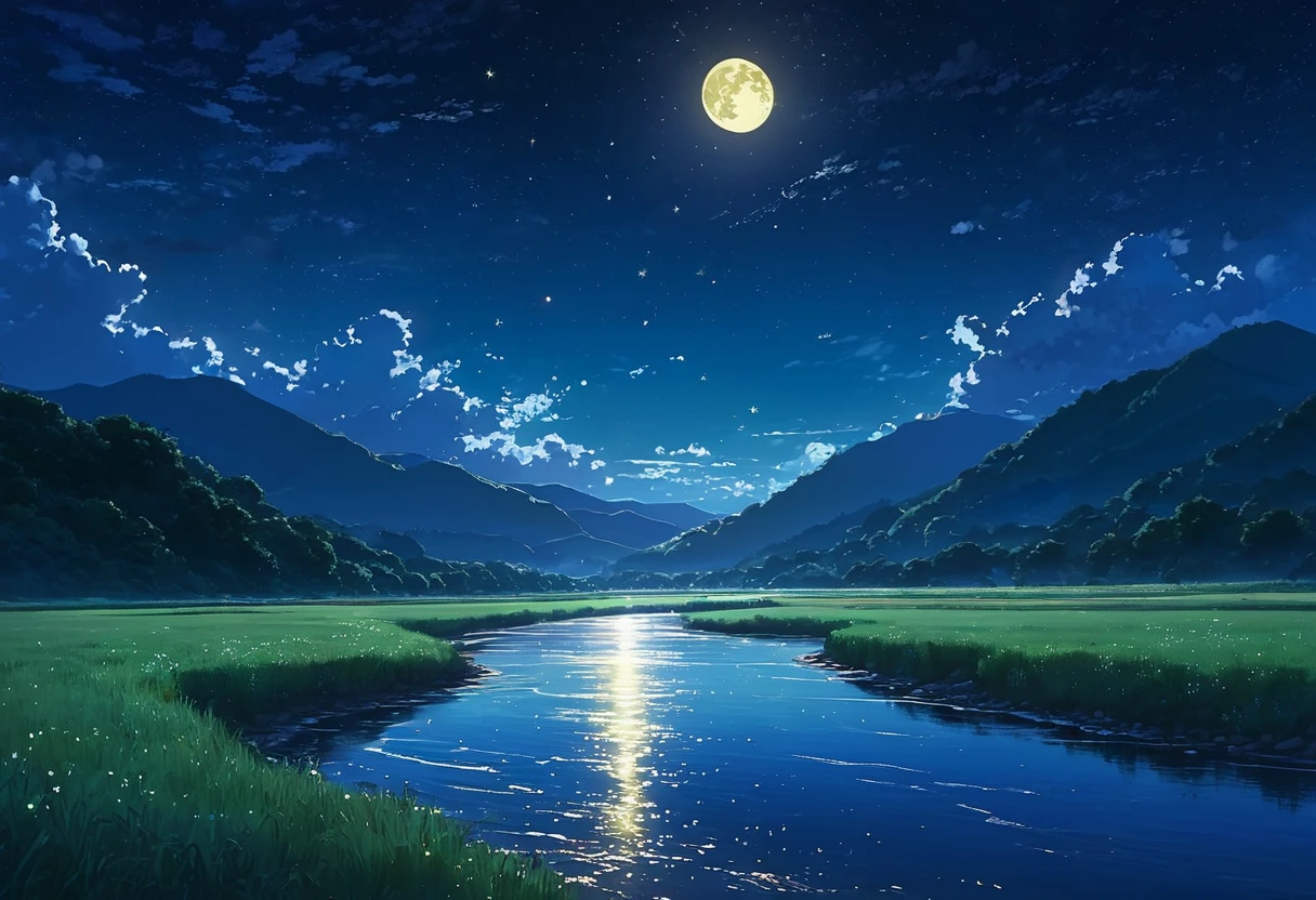 A painting of a river, stars and the moon in the sky, In bright colors, by makoto shinkai. Concept art inspired by Mitsuoki Tosa, pixiv Contest Winner, Highest quality, Golden Moon, No humans, Starry Sky, scenery, cloud, Shine, the scenery of night landscapes, Mountain, Rivers. Bright Moon, Starry Sky environment under the moonlight, A dreamlike night,Real, Background artwork, Dream-like reality, Atmospheric reality, Starry Sky, Detail enhancements.delicate,8k