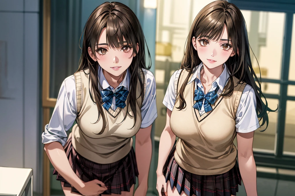 (masterpiece:1.3, Highest quality, Ultra-high resolution, Super detailed), (Realistic, photoRealistic:1.4), Beautiful illustrations, Perfect lighting, Natural light, colorful, Depth of written boundary, ,
Beautiful detailed hair, Beautifully detailed face, Beautiful attention to detail, Beautiful clavicle, Beautiful body, Beautiful breasts, Beautiful thighs, Beautiful feet, Beautiful fingers, Glowing Skin, Baby Face,
View your viewers, (Face Focus), 1 girl, Japanese, high school girl, (Perfect Anatomy, Anatomically correct, Highly detailed skin), Cute and symmetrical face, Perfect Face, Perfect Eyes,
(Long Hair,, (Long sideburns), Light brown hair), Blunt bangs, Dark brown eyes, Droopy eyes, Long eyelashes, (Medium chest, Captivating thighs), thin, outAre standing style, ,
(Detailed cloth texture), break, ((Light brown knit vest)), break, (Red plaid bow tie), break, (White collared shirt, Navy Pleated Skirt), break,
(Beautiful views), summer, evening, (Disneyland, null, forest), Are standing, Leaning forward, Place your hand on your chest, (Cute smile, Lips parted),