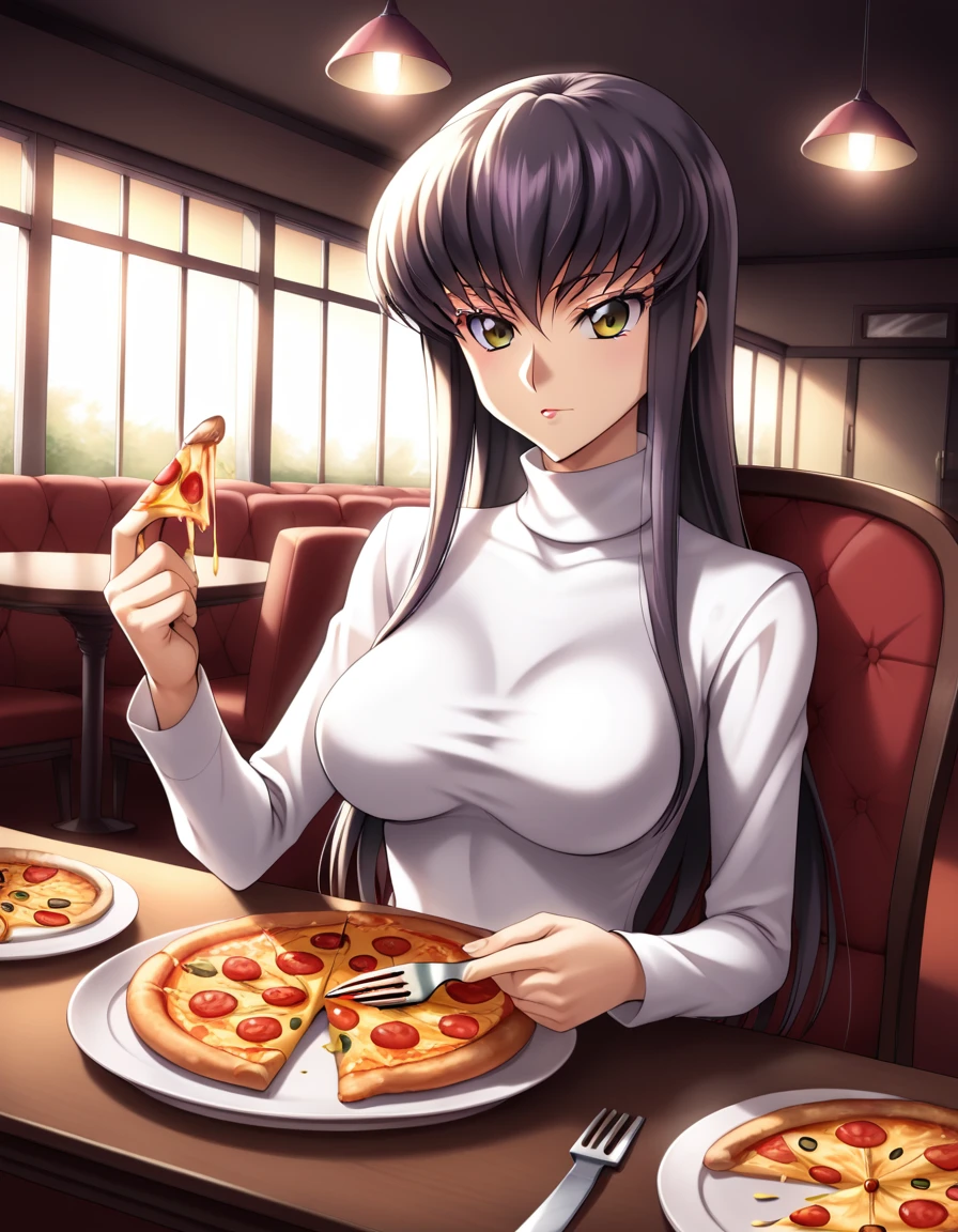 One girl, c.c., Code Geass, White shirt, Long sleeve, turtleneck, whole body, View your viewers, eat, pizza, dish, fork, knife, table, Chair, table, restaurant, Movie angle, Cinema Lighting, masterpiece, Highest quality,beautiful,