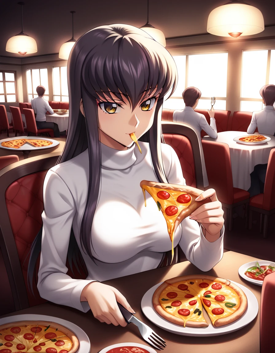 One girl, c.c., Code Geass, White shirt, Long sleeve, turtleneck, whole body, View your viewers, eat, pizza, dish, fork, knife, table, Chair, table, restaurant, Movie angle, Cinema Lighting, masterpiece, Highest quality,beautiful,