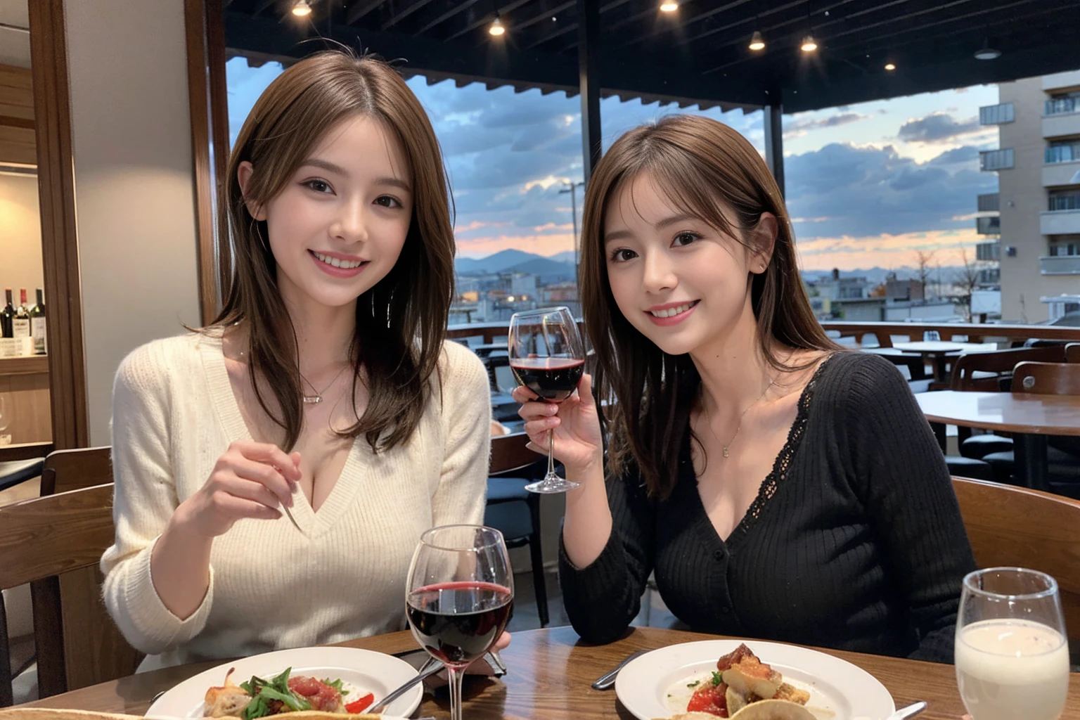 （Realistic:1.1）,(masterpiece,Highest quality)，8k,(44 years old), 42 years old, slimカップル、Model Couple、actress/actor、Tight waist,Upper Body,full-course dinner、wine 、Amazing view of the sunset sky and clouds、Perfect Anatomy, Brown Hair, short hair,Random Hairstyles,((Highly detailed face and eyes:1.2))(cute顔:1.4)，美しいactressの顔，Perfect golden ratio face，Long sleeve shirt、dress,(smile:1.2)、Shortcuts、cute、(Realistic, Intricate details:1.2), A bright smile、short hair,Bright Face、赤wine 、Appetizers、Italian food、wine bottle、Champagne、スパークリングwine、(slimな顔), (The body is slim), (Brown Hair), (Shortcuts),  Upper Body, 白wine, slim, wineグラス, 