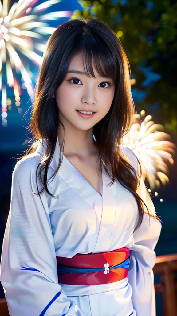 masterpiece, Highest quality,16K, Ultra-high resolution,The light and shadow of reality,Cinema Lenses,((Very skinny)),(((Her waist is so slim and beautiful)),((High nose、Small Mouth)),((Clean and slim face line)),((Big dark eyes with long eyelashes)),((Very small face))((Very slim and beautiful arms)),((She is very slim and has a great figure)),((Pure white beautiful skin)),((Cute Japanese Girls)),(((Fireworks bursting into the sky、night)))、(((kimono、yukata))),(Beautiful Eyes:1.1),Reflecting clear eyes and a gentle smile,