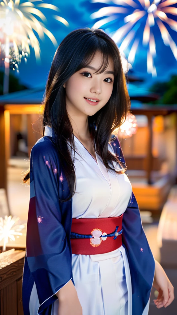 masterpiece, Highest quality，16K, Ultra-high resolution，The light and shadow of reality，Cinema Lenses，((Very skinny)),(((Her waist is so slim and beautiful)),((High nose、Small Mouth)),((Clean and slim face line)),((Big dark eyes with long eyelashes)),((Very small face))((Very slim and beautiful arms)),((She is very slim and has a great figure)),((Pure white beautiful skin)),((Cute Japanese Girls)),(((Fireworks bursting into the sky、night)))、(((kimono、yukata))),(Beautiful Eyes:1.1)，Reflecting clear eyes and a gentle smile,
