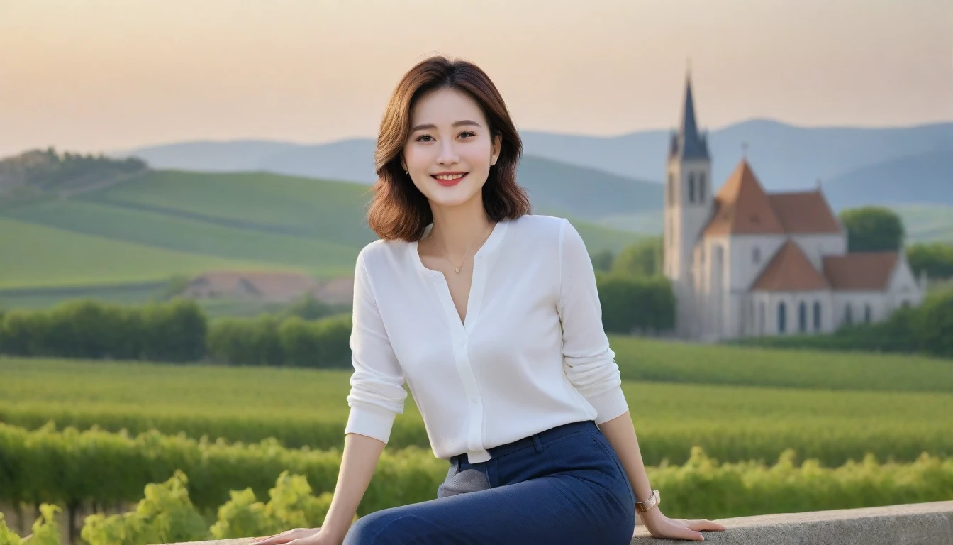 8k best picture quality, Beautiful 36-year-old Korean woman, Chest size 34 inches, Dawn in the French countryside, View of the cathedral next to the vineyards, The back background is realistic and vivid image quality, short medium hair, High-end luxury brand shirts and cardigans, wearing casual pants, Smile slightly. the background is clear, looking up the side., sitting on the hill