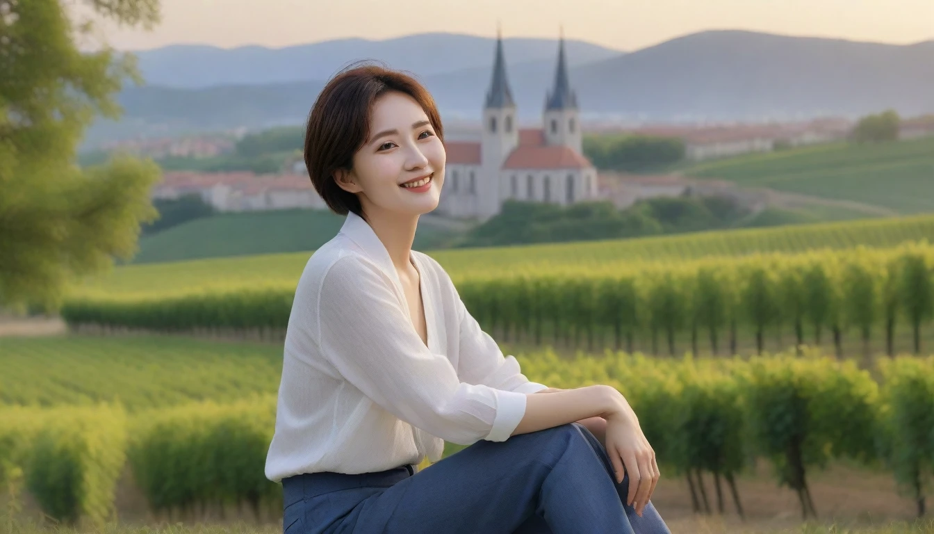 8k best picture quality, Beautiful 36-year-old Korean woman, Chest size 34 inches, Dawn in the French countryside,  View of the cathedral next to the vineyards, The back background is realistic and vivid image quality, short medium hair, High-end luxury brand shirts and cardigans,  wearing casual pants, Smile slightly. the background is clear, looking up the side., sitting on the hill