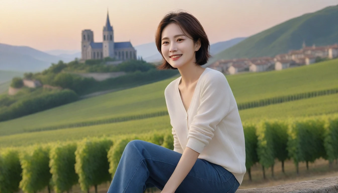 8k best picture quality, Beautiful 36-year-old Korean woman, Chest size 34 inches, Dawn in the French countryside, View of the cathedral next to the vineyards, The back background is realistic and vivid image quality, short medium hair, High-end luxury brand shirts and cardigans, wearing casual pants, Smile slightly. the background is clear, looking up the side., sitting on the hill