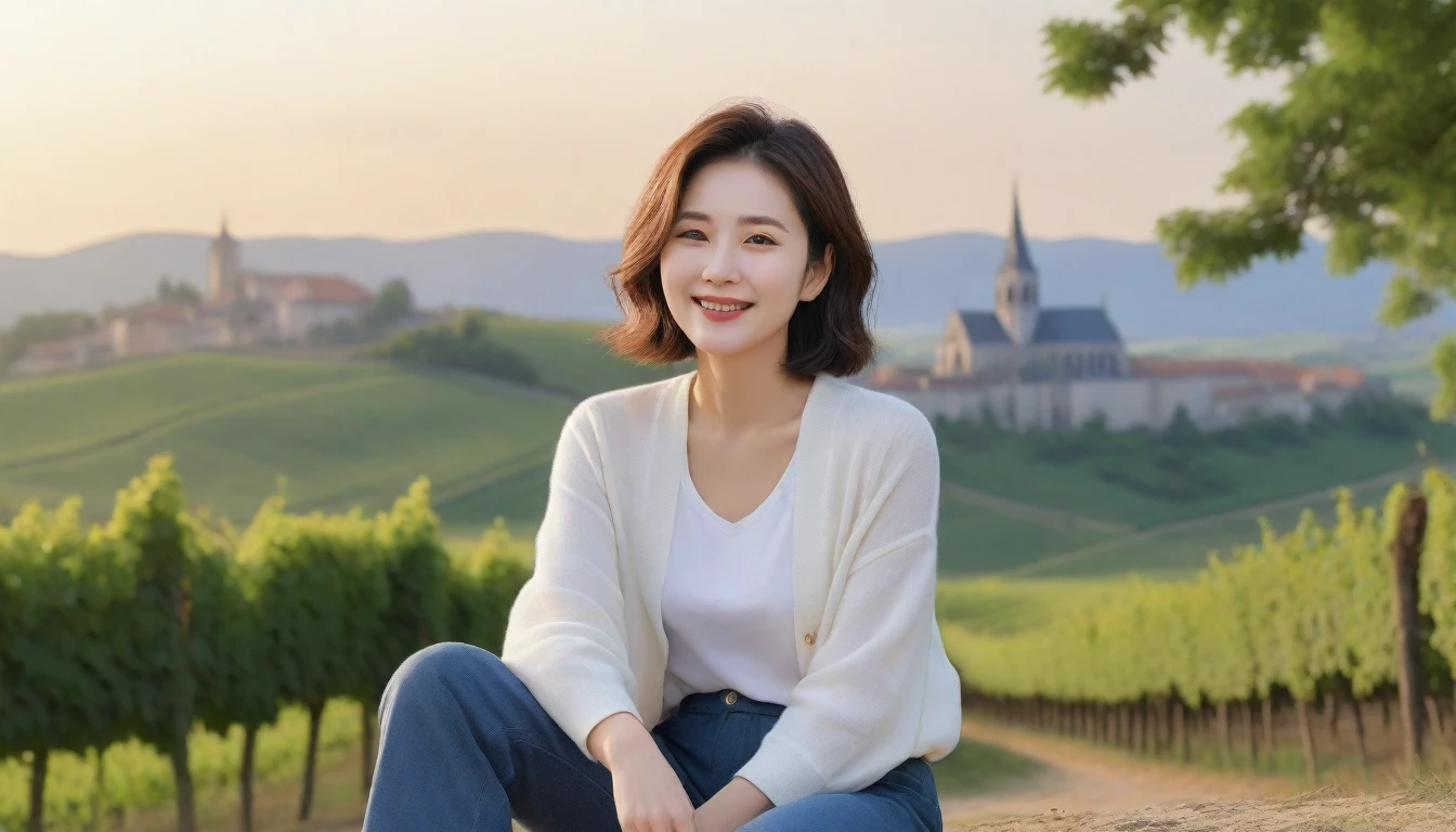 8k best picture quality, Beautiful 36-year-old Korean woman, Chest size 34 inches, Dawn in the French countryside,  View of the cathedral next to the vineyards, The back background is realistic and vivid image quality, short medium hair, High-end luxury brand shirts and cardigans,  wearing casual pants, Smile slightly. the background is clear, looking up the side., sitting on the hill