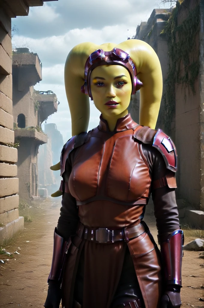 a ((fall body)) (((hera syndulla))) ((green skin )) ((female twi'lek ))mandalorian,walking on snow coverd ruins , ((green fire eyes )) , beautiful detailed eyes, beautiful detailed lips, extremely detailed face, long eyelashes, mandalorian armor, sci-fi, cinematic lighting, dramatic, epic, intricate details, hyper-realistic, 8k, high-quality, photorealistic