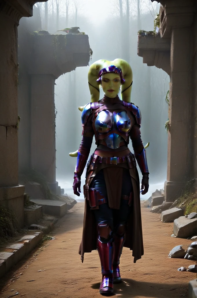 a ((fall body)) (((hera syndulla))) ((green skin )) ((female twi'lek ))mandalorian,walking on snow coverd ruins , ((green fire eyes )) , beautiful detailed eyes, beautiful detailed lips, extremely detailed face, long eyelashes, mandalorian armor, sci-fi, cinematic lighting, dramatic, epic, intricate details, hyper-realistic, 8k, high-quality, photorealistic
