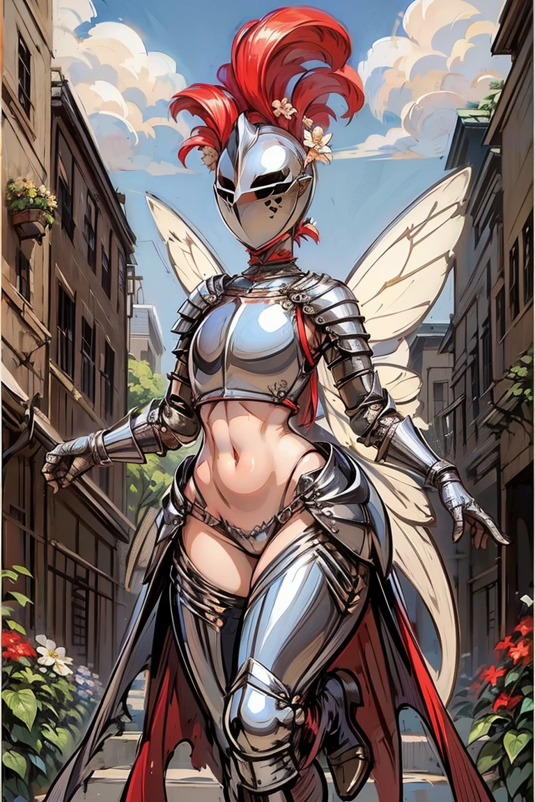 masterpiece, best quality, butterfly wings, (full body, full armor), kardiaofrhodes, helmet, plume, gauntlets, thighhighs, (tassets:1.5), navel, breastplate, wide hips, (queen of fairy, with ornaments and flowers on top, flowers background:1.2)