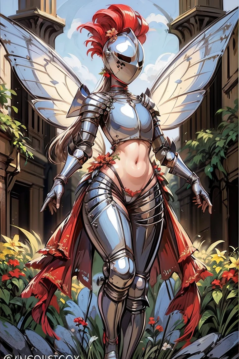 masterpiece, best quality, butterfly wings, (full body, full armor), kardiaofrhodes, helmet, plume, gauntlets, thighhighs, (tassets:1.5), navel, breastplate, wide hips, (queen of fairy, with ornaments and flowers on top, flowers background:1.2)