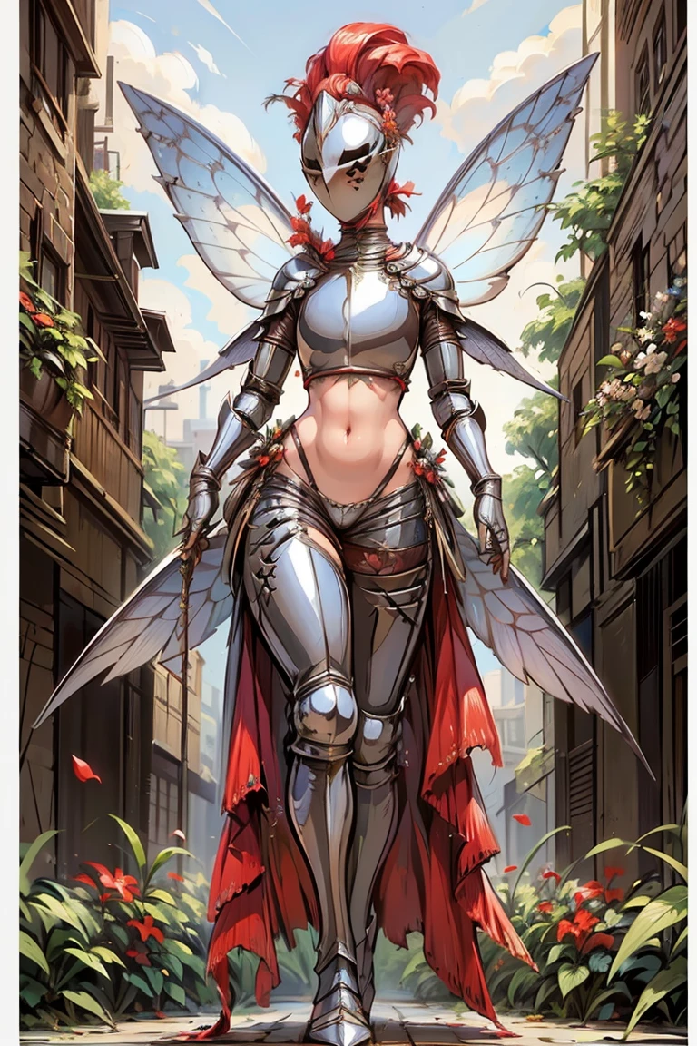 masterpiece, best quality, butterfly wings, (full body, full armor), kardiaofrhodes, helmet, plume, gauntlets, thighhighs, (tassets:1.5), navel, breastplate, wide hips, (queen of fairy, with ornaments and flowers on top, flowers background:1.2)