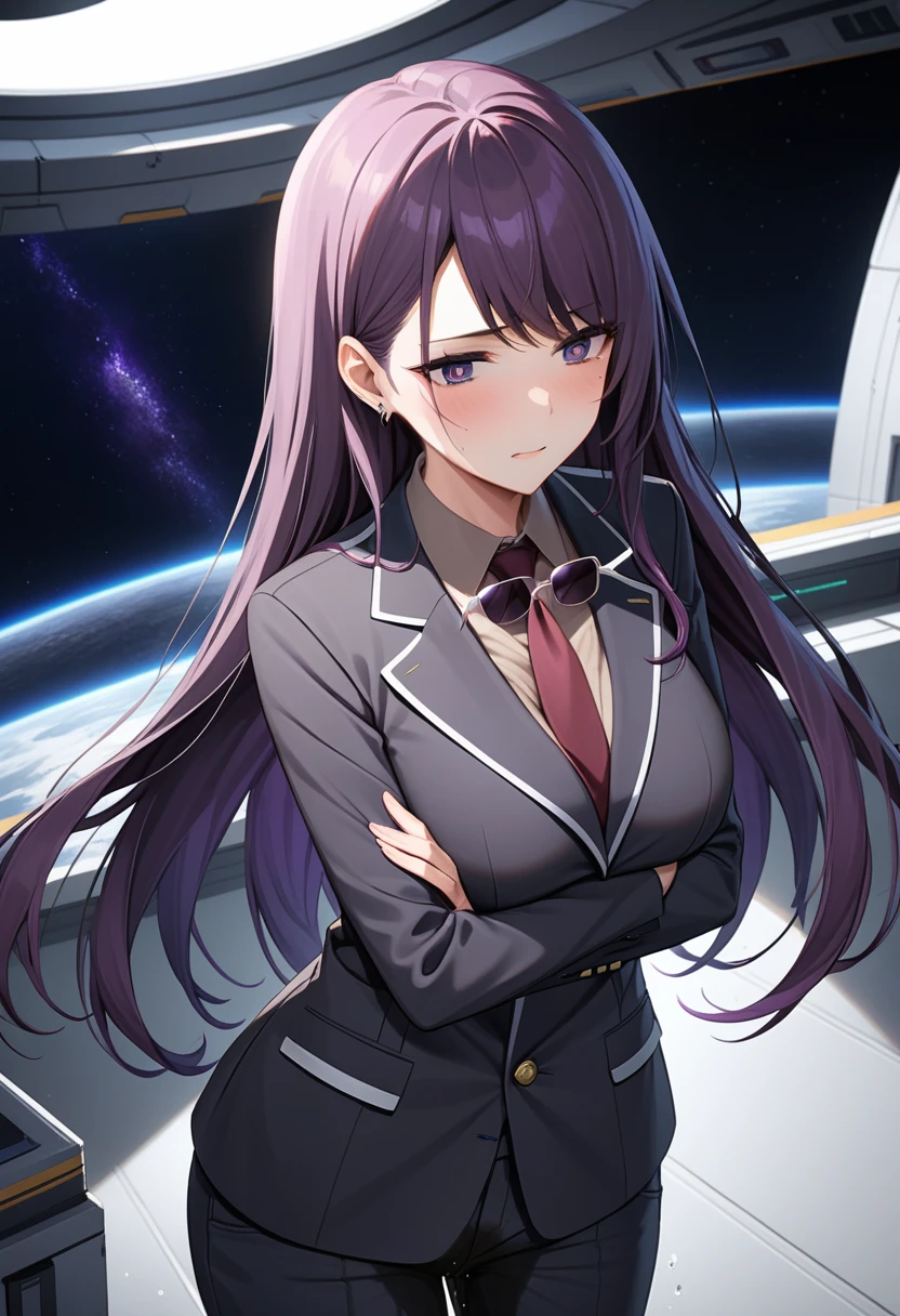 (high quality,Very detailed:1.37, High resolution), Woman, (mature:2.0), (Sakaki Yumiko:1.5), (very long hair:1.5), (dark purple hair:2.5), purple eyes, huge breasts, tuxedo, necktie, (sunglasses:1.5), (pants:1.5), (wetting herself:1.5), standing, (arms crossed:1.5), (embarrassed:1.5), (humiliation:1.5), (constricted pupils:1.5), (sweating:1.5), shaking, (trembling:1.5), (blushing:1.5), Meticulous details, (extremely detailed eys:1.37), space station, interior, science fiction, futuristic