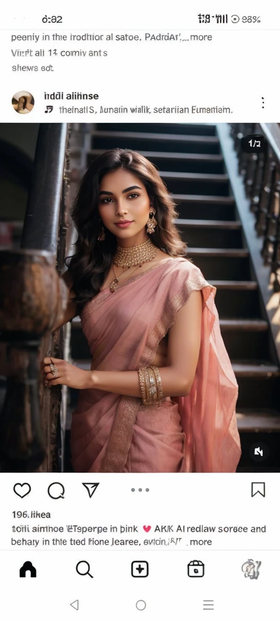Create an image of a fair Indian girl with an oval face, a warm undertone, and a naturally radiant complexion. She has long, silky dark brown hair that flows to her mid-back, styled in loose waves. Her expressive deep brown almond-shaped eyes have long, thick lashes and well-defined arched eyebrows. Her nose is elegantly straight, and her full, rosy lips often curve into a gentle smile. High cheekbones with a natural blush complement her softly rounded, well-defined jawline and slightly pointed chin. She wears minimal, natural makeup and simple jewelry like small earrings and a delicate necklace, dressed in a blend of modern and traditional fashion for a sophisticated and approachable look.